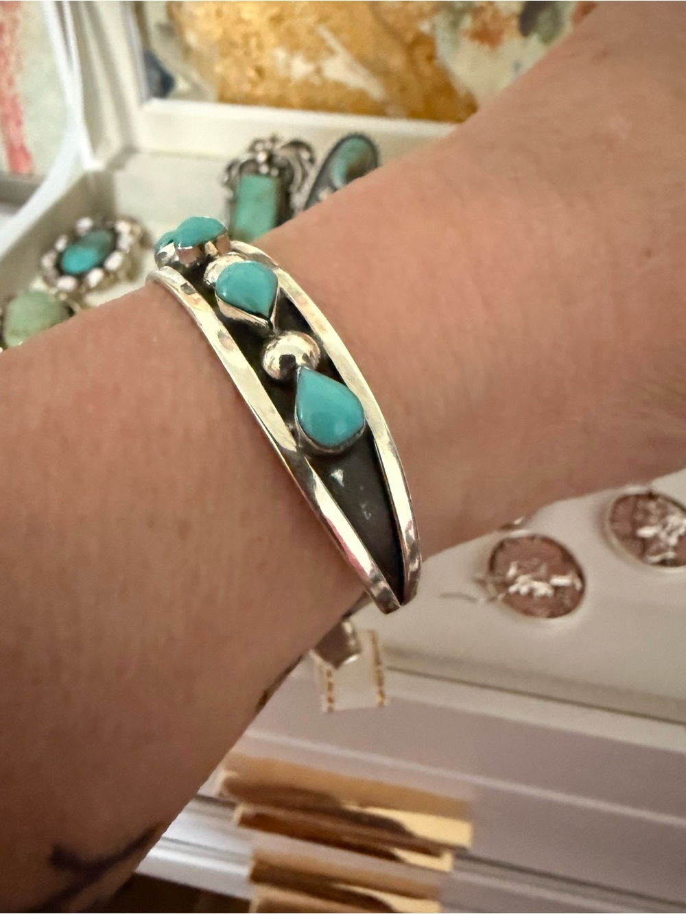 Genuine Turquoise Sterling Silver Teardrop Cuff Bracelet - Women Jewelry - Picture 4 of 6